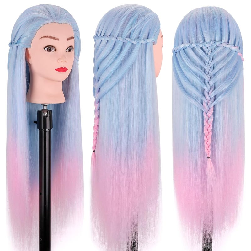 TopDirect Mannequin Head, 29'' Hair with Synthetic Manikin Head Practice Cosmetology Doll Styling Hairdressing Training Braiding Clamp Holder & Tools for Kids Girls, Blue & Pink - Image 5